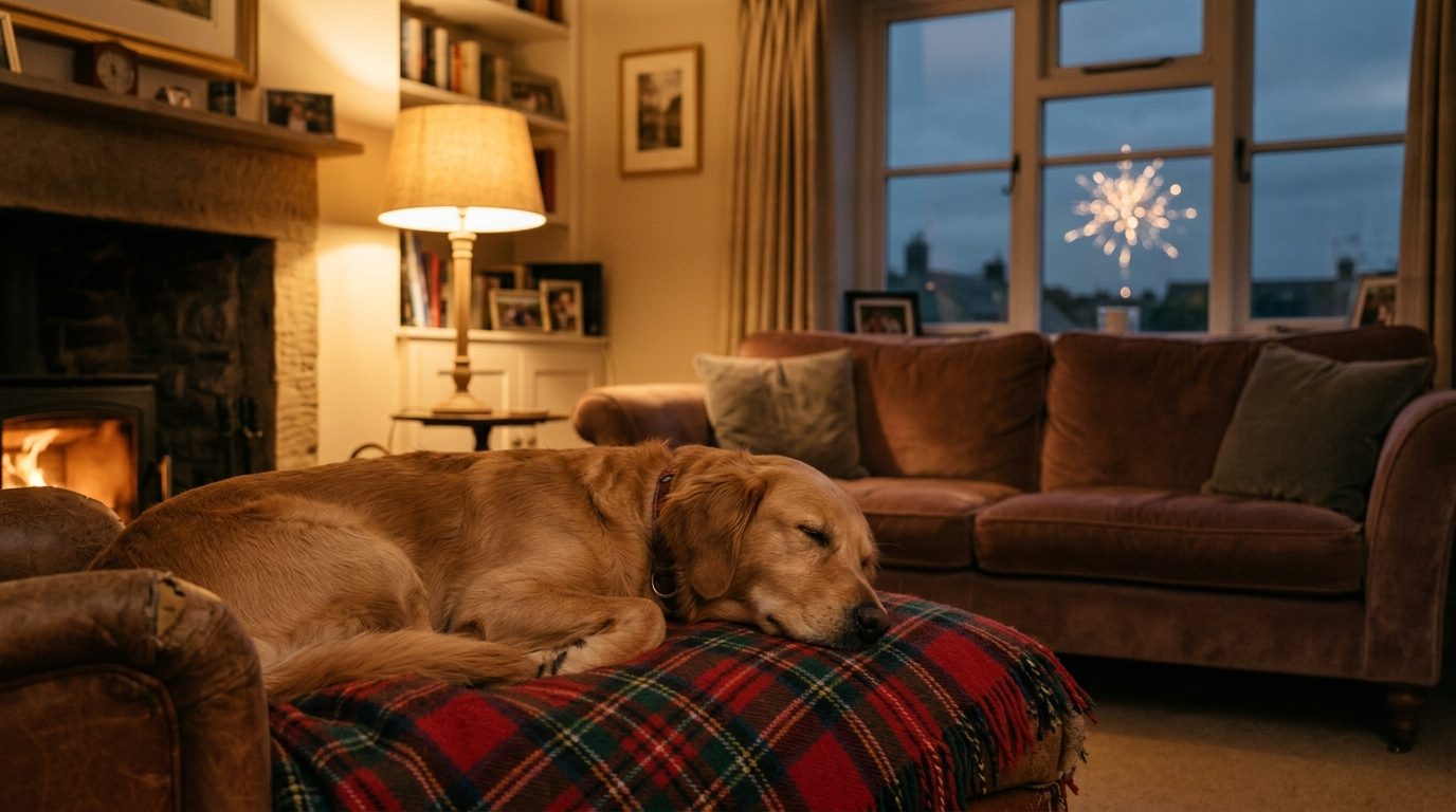 A golden retriever asleep on a tartan blanket in a cosy British living room at dusk with a faint firework through the window
