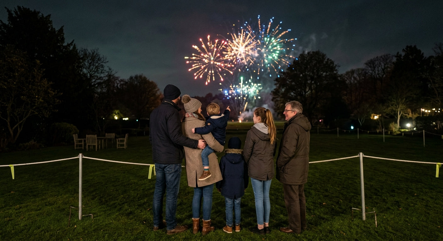 Family watching a fireworks display safely from behind a marked safety distance in a UK garden