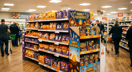 A cardboard display stand of boxed supermarket fireworks beside Halloween sweets in a British supermarket aisle
