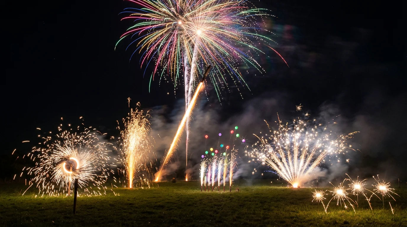 Different types of fireworks — rockets, fountains, catherine wheels, cakes, roman candles and sparklers all firing at a night display