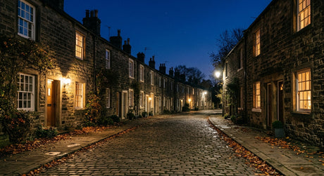 A Yorkshire terraced street at dusk in early November, the traditional setting for Mischief Night