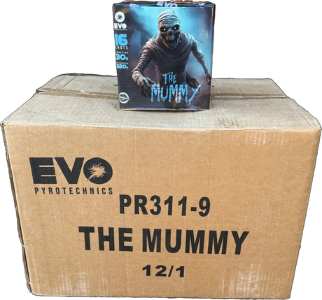 12x The Mummy trade case of twelve F3 cakes by Evo Fireworks