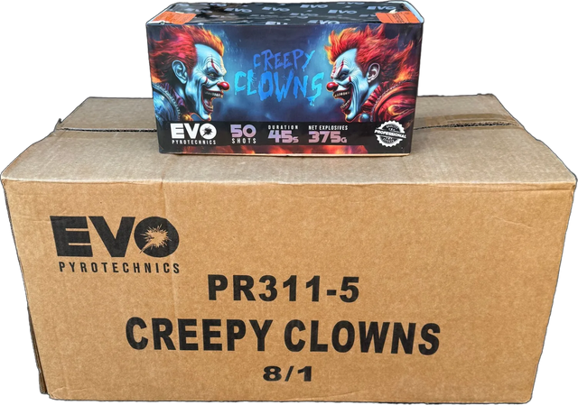 8x Creepy Clowns trade case of eight F2 cakes by Evo Fireworks