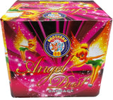Angel Dust 20-shot gold mine cake by Brothers Pyrotechnics in a vibrant pink box with fairy graphics, ideal for garden fireworks displays.