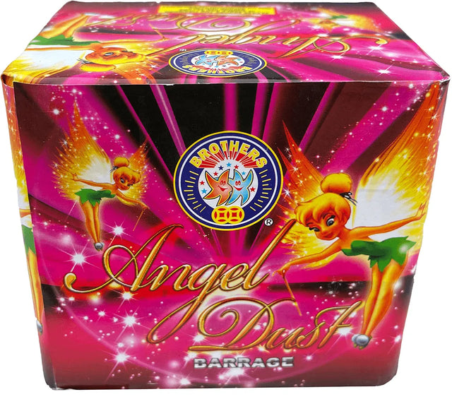 Angel Dust 20-shot gold mine cake by Brothers Pyrotechnics in a vibrant pink box with fairy graphics, ideal for garden fireworks displays.