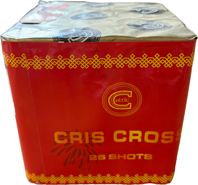 Cris Cross 25-shot low-noise F2 cake firework by Celtic