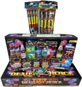 Dealers Choice Firework Selection Box by Primed Pyrotechnics featuring 28 assorted fireworks including rockets, fountains, and cakes for a vibrant display.