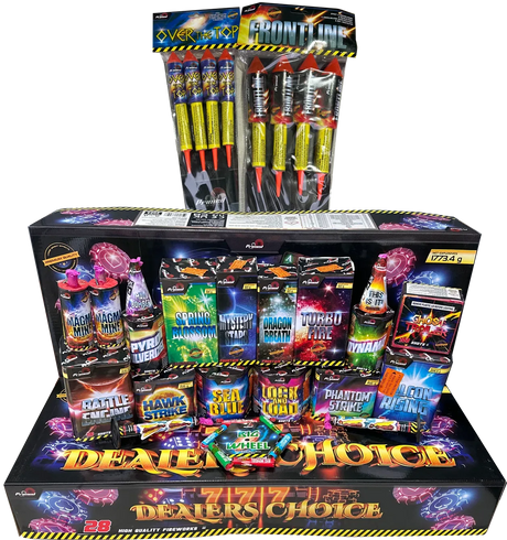 Dealers Choice Firework Selection Box by Primed Pyrotechnics featuring 28 assorted fireworks including rockets, fountains, and cakes for a vibrant display.