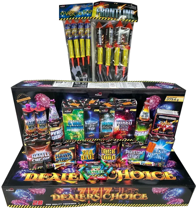 Dealers Choice Firework Selection Box by Primed Pyrotechnics featuring 28 assorted fireworks including rockets, fountains, and cakes for a vibrant display.