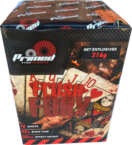 Flush Fury 16-shot F2 cake firework by Primed Pyrotechnics