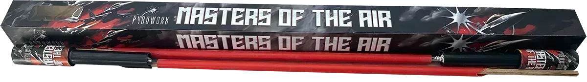 Masters Of The Air rockets by Pyroworx in retail packaging with two red fireworks rockets, ideal for party celebrations and firework displays.