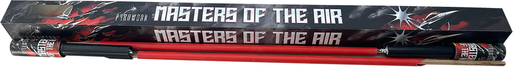 Masters Of The Air rockets by Pyroworx in retail packaging with two red fireworks rockets, ideal for party celebrations and firework displays.
