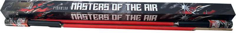 Masters Of The Air rockets by Pyroworx in retail packaging with two red fireworks rockets, ideal for party celebrations and firework displays.