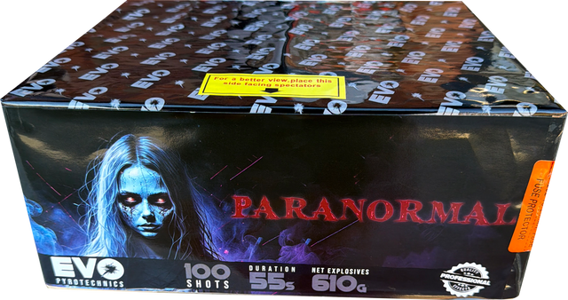 Paranormal 100-shot fanned F2 cake firework by Evo Fireworks