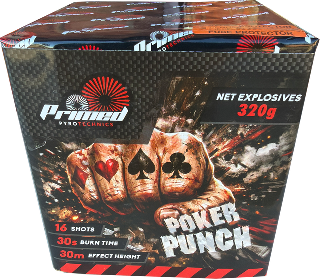 Poker Punch 16-shot F2 cake firework by Primed Pyrotechnics