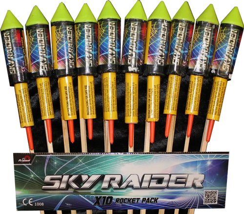 Sky Raider 10 rocket pack by Primed Pyrotechnics featuring colorful, high-powered fireworks ideal for parties and celebrations.