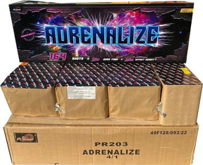 Adrenalize 164-shot fanned F3 compound firework by Primed Pyrotechnics