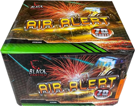 Air Alert 70-shot fanned F3 cake firework by Black Panther