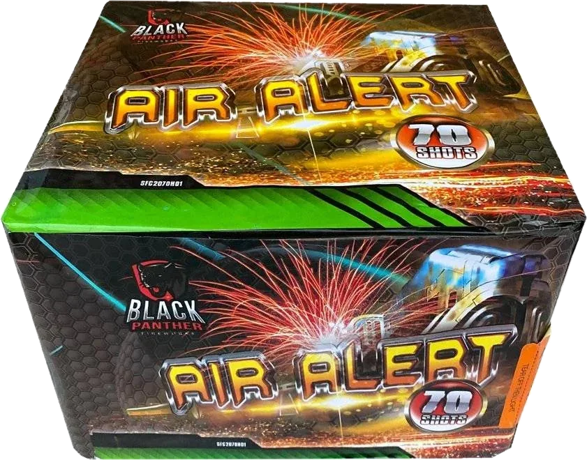 Air Alert 70-shot fanned F3 cake firework by Black Panther