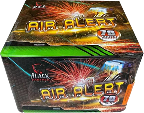 Air Alert 70-shot fanned F3 cake firework by Black Panther