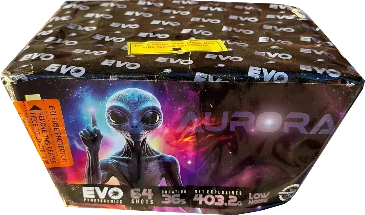 Aurora 64-shot fanned low-noise F3 cake firework by Evo Fireworks
