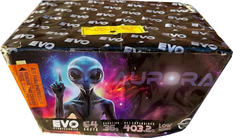 Aurora 64-shot fanned low-noise F3 cake firework by Evo Fireworks
