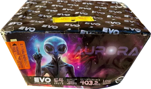 Aurora 64-shot fanned low-noise F3 cake firework by Evo Fireworks