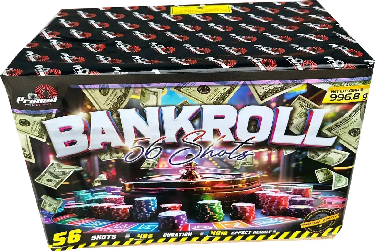 Bankroll 56-shot firework cake by Primed Pyrotechnics