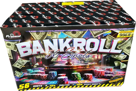 Bankroll 56-shot firework cake by Primed Pyrotechnics