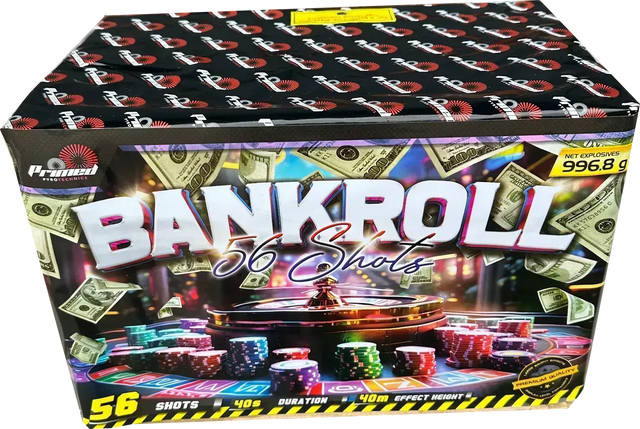 Bankroll 56-shot firework cake by Primed Pyrotechnics