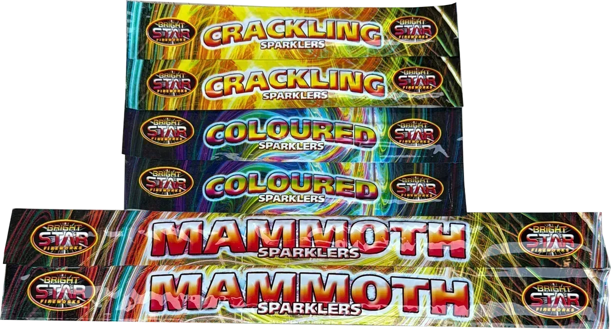 Bargain Sparkler Pack containing mammoth, crackling, and coloured sparklers