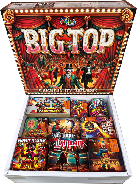 Big Top cake pack box by Galactic Fireworks, showing outer packaging design