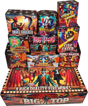 Big Top 9-cake firework display pack by Primed Pyrotechnics for Galactic Fireworks, showing all cakes laid out