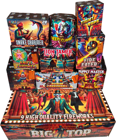 Big Top 9-cake firework display pack by Primed Pyrotechnics for Galactic Fireworks, showing all cakes laid out