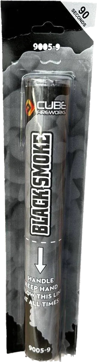 Black Handheld Smoke Grenade by Cube Fireworks, black wire-pull smoke for airsoft, paintball and film stunts, 60–90 seconds