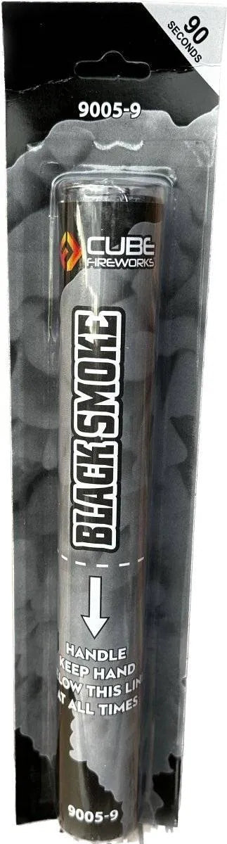 Black Handheld Smoke Grenade by Cube Fireworks, black wire-pull smoke for airsoft, paintball and film stunts, around 60 seconds