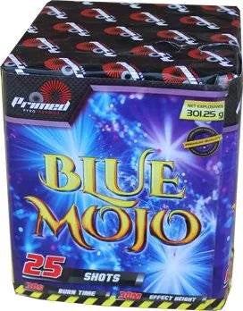 Blue Mojo Cake by Primed Pyrotechnics featuring 25 shots of vibrant blue fireworks, ideal for gender reveals and football celebrations.