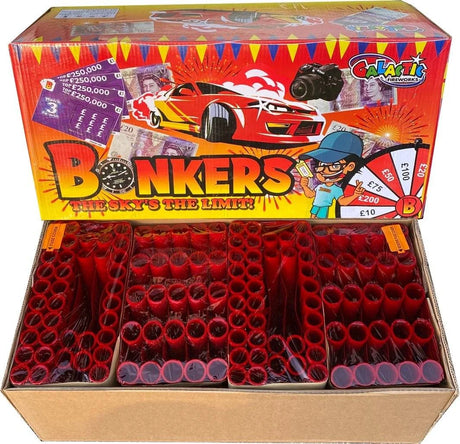 Bonkers 126-shot fanned F2 compound firework by Galactic Fireworks