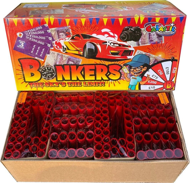 Bonkers 126-shot fanned F2 compound firework by Galactic Fireworks