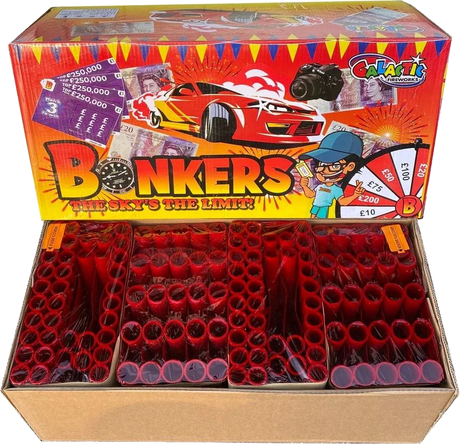 Bonkers 126-shot fanned F2 compound firework by Galactic Fireworks