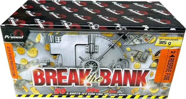 Break The Bank 50-shot F2 cake firework by Primed Pyrotechnics