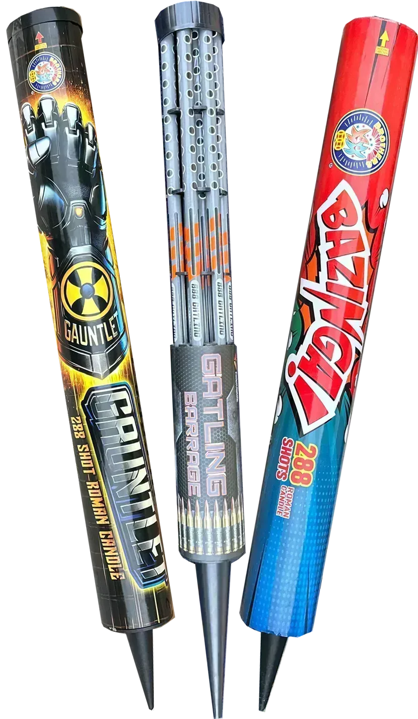 Candle Trio 876-shot Roman candle bundle: Bazinga, Gauntlet and Gatling Gun