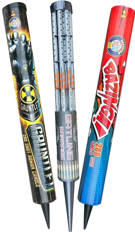 Candle Trio 876-shot Roman candle bundle: Bazinga, Gauntlet and Gatling Gun