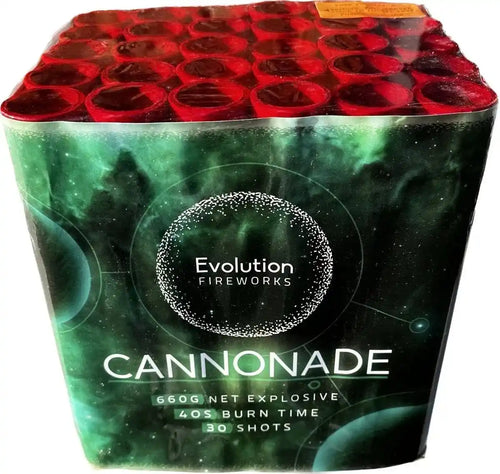 Cannonade 30-shot firework cake by Evolution Fireworks with 660g net explosive content, featuring a green cosmic-themed wrap for party displays.