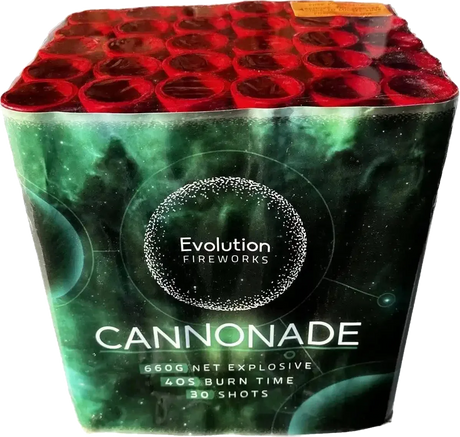 Cannonade 30-shot F3 cake firework by Evo Fireworks