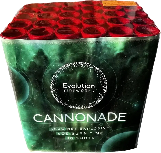 Cannonade 30-shot F3 cake firework by Evo Fireworks