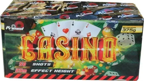 Casino Cake by Primed Pyrotechnics packaging showing 50 shots and 25m effect height, ideal for garden fireworks and party celebrations.