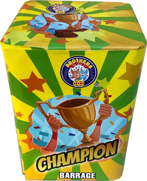 Champion Cake from Brothers Pyrotechnics with colorful trophy-themed packaging, ideal for party celebrations and fireworks displays.