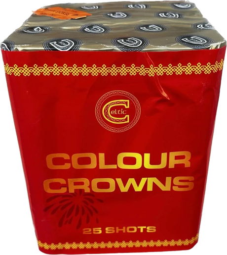 Colour Crowns 25-shot low-noise F2 cake firework by Celtic