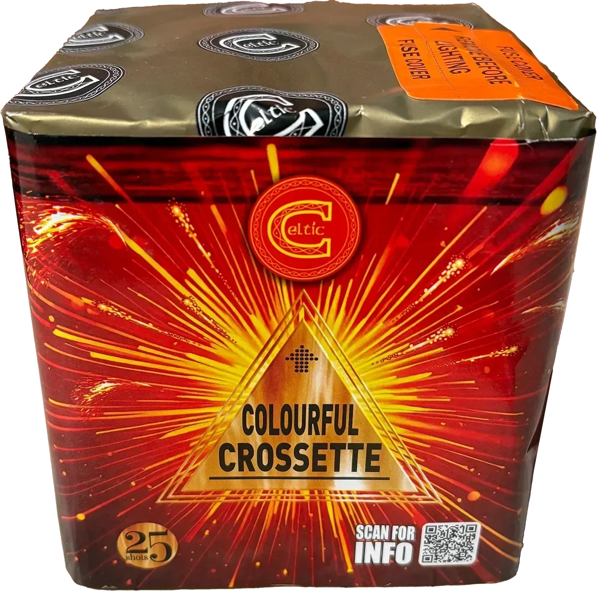 Colourful Crossette 25-shot low-noise F2 cake firework by Celtic